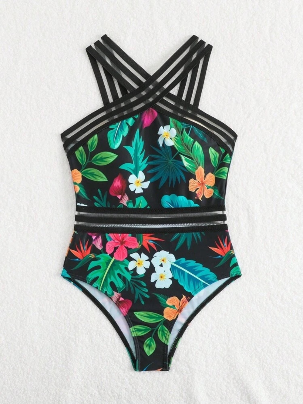 Kids Floral Black One-Piece Swimsuit with Strappy Back